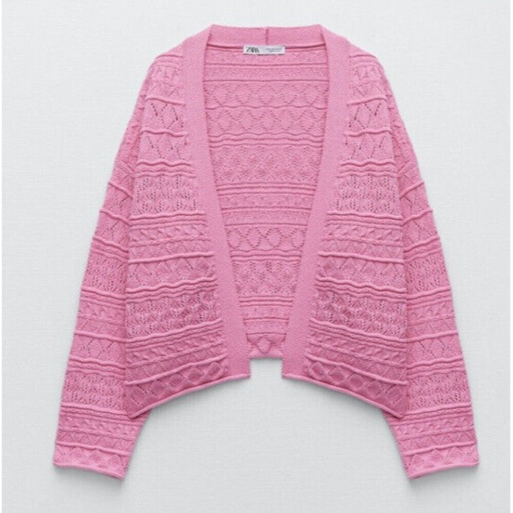 ZARA BARBIE BUBBLEGUM PINK CROCHET OPEN KNIT WOVEN‎ CARDIGAN SWEATER Blogger Fav